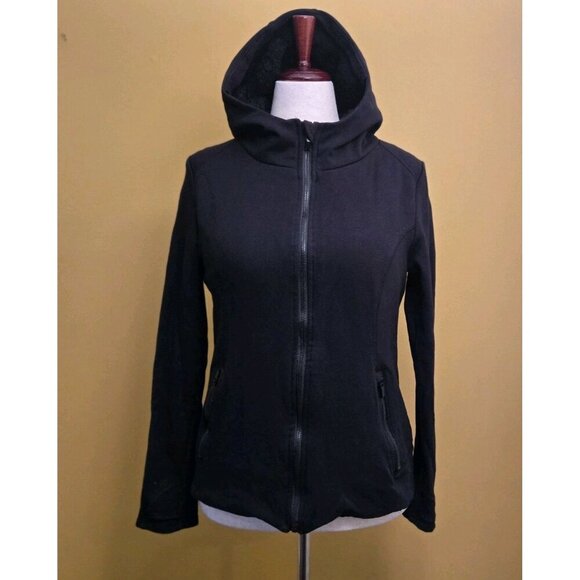 90 Degree by Reflex Zip Fleece Hooded Track Jacket Large Black Womens Faux Fur - Picture 1 of 8
